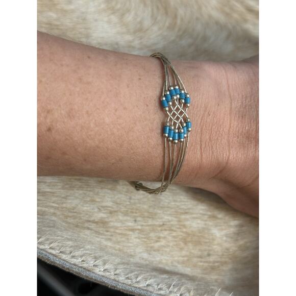 Native American SW Liquid Sterling Silver 6 Strand Turquoise Bracelet Cone Tips - Picture 2 of 6